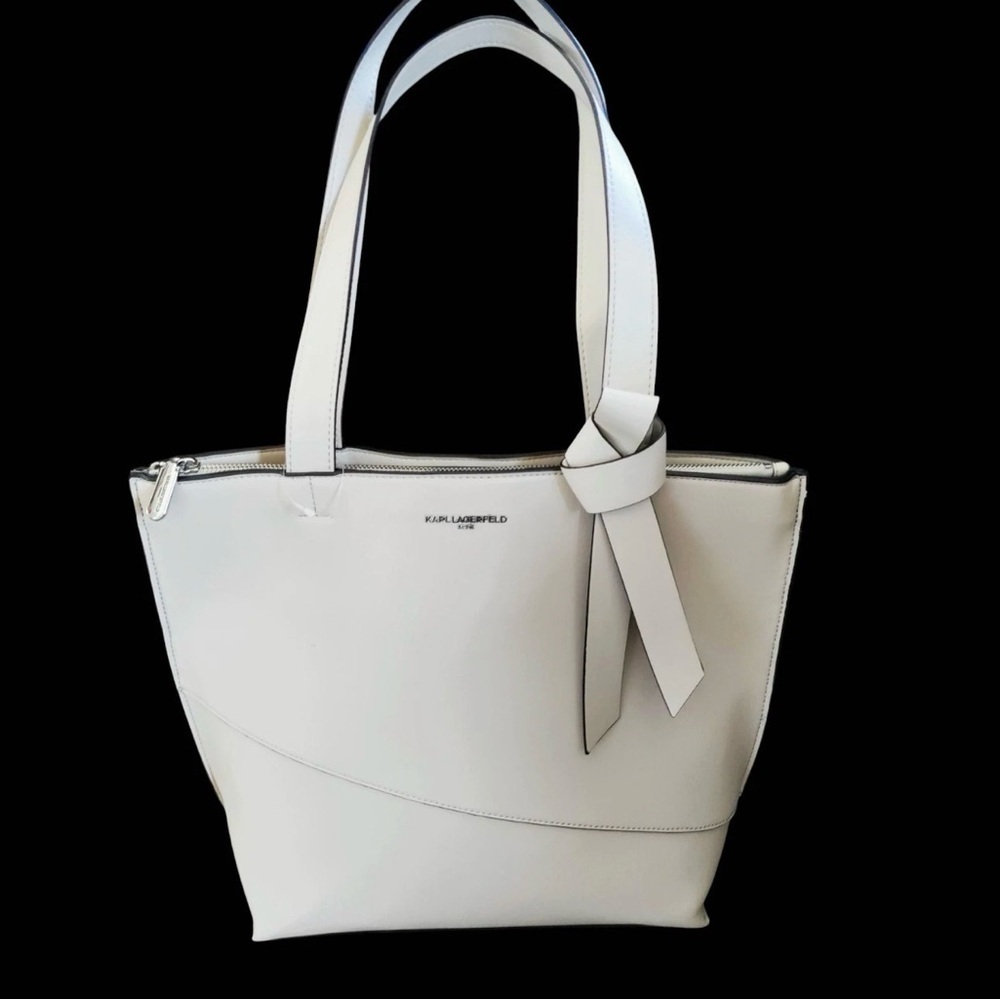 Karl Lagerfeld Paris Tote off white bow double handle faux leather bucket bag​